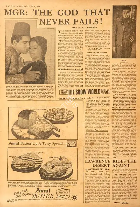 Chrishna, M.S. (Reviewer). MGR: The God That Never Fails !. In Blitz - India's Greatest Weekly. p. 18. Bombay: R.K. Karanjia, 08 January 1966 | Film Review | CinemaEducation | 00142794