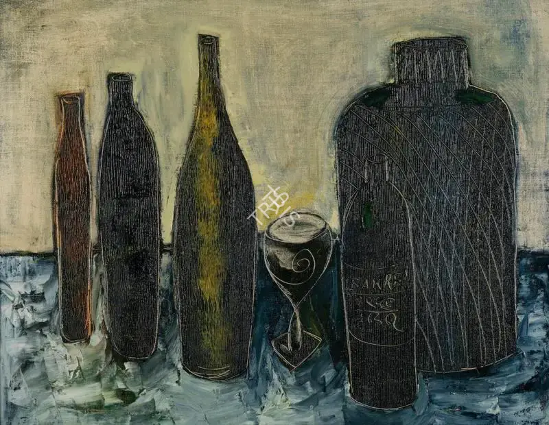 Bakre, S.K. (Artist). Untitled (Still Life with Bottles). Oil on canvas, 1967 | Painting | FineArts | 00334389