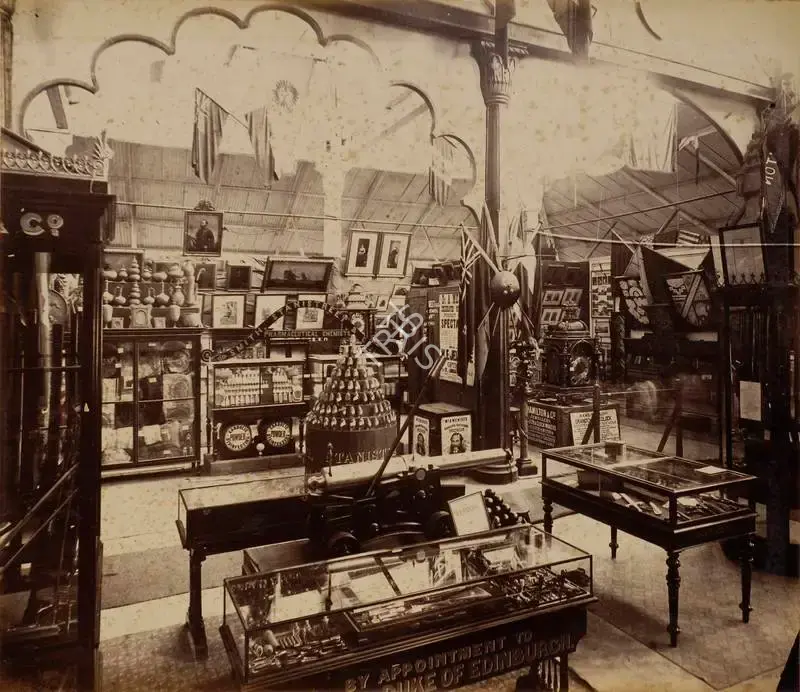 Narayan, Shew Shankar (Photographer). Interior of the Calcutta Court - 3rd View - From the album 'Calcutta International 1883-84 Exhibition Views'. Albumen print pasted on mount, 1883-1884 | Antiquarian Photograph | Photography | 00115311