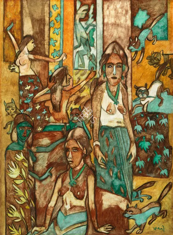 Subramanyan, K.G. (Artist). Girls and Cats, 1991 | Painting