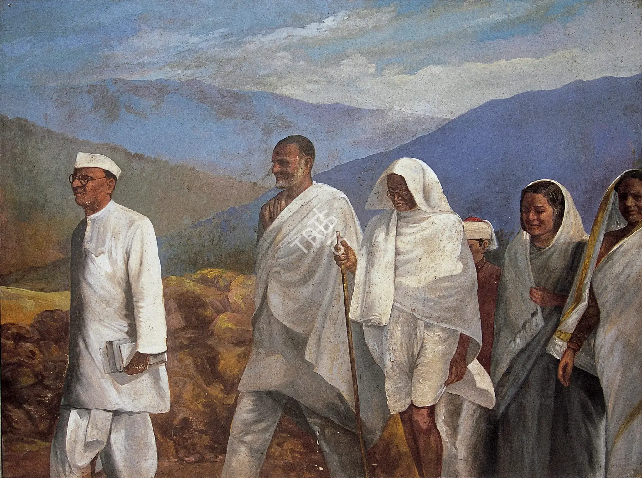 Khosa, Somnath (Artist). Gandhiji With Khan Abdul Ghaffar Khan And Others In North West Frontier Province In 1938, c.1960 | Painting