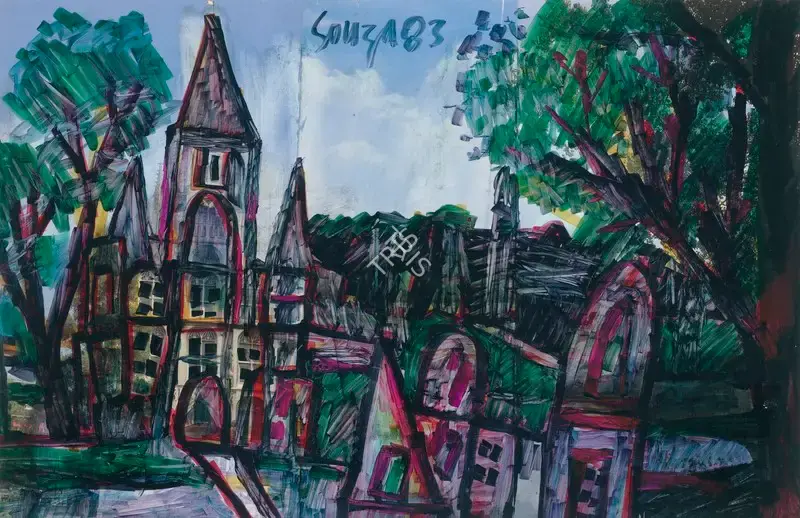Souza, F.N. (Artist). Untitled (Landscape with Church), 1983 | Painting