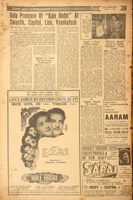Gala Premiere of "Kale Badal" at Swastik Capitol, Lido, Vyankatesh. In Blitz - Asia's Foremost News Magazine. p. 18. Bombay: R.K. Karanjia, 21 April 1951 | Film Review | CinemaEducation | 00143792