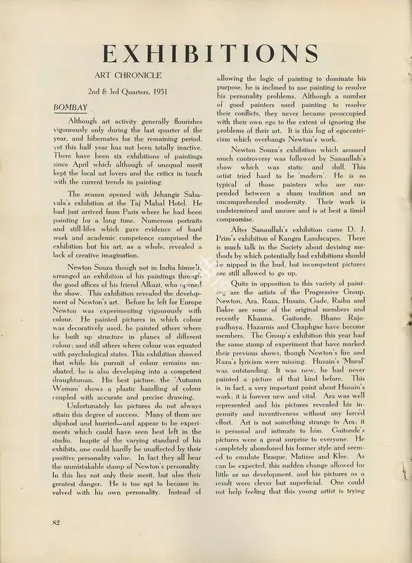 K., K. and A.S.R. (Essayists). Exhibitions - Art Cronicle- 2nd & 3rd Quarters, 1951. In Marg. 5(2), pp. 82-83. Bombay: Modern Artists and Architects Research Group, October 1951 | Essay | FineArts | 00668808