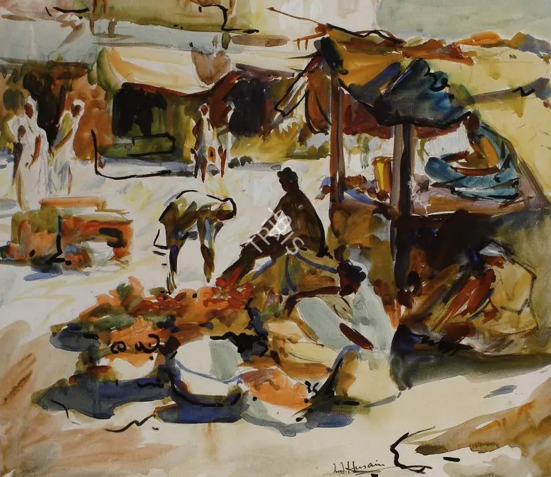Husain, M.F. (Artist). Market Stall. Pencil, watercolour, gouache and ink on paper, 1947 | Painting | FineArts | 00897525