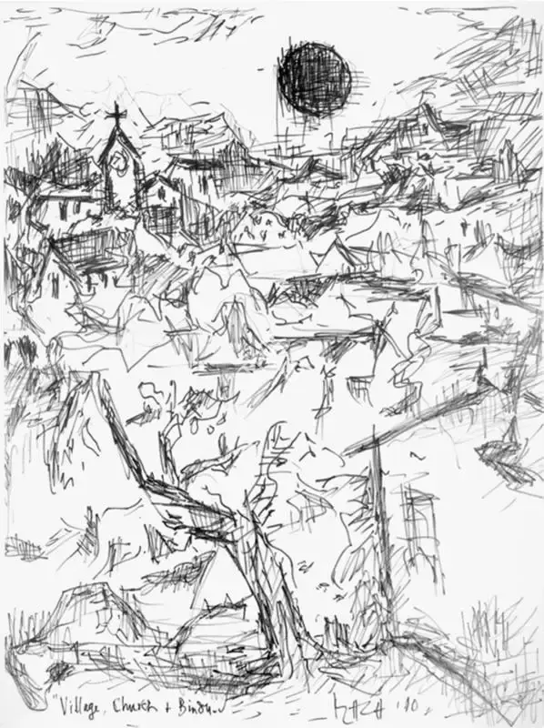 Raza, S.H. (Artist). Village, Church & Bindu, 2010 | Drawing