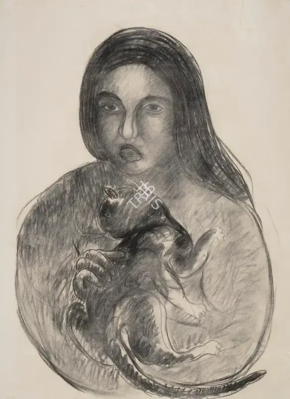 Bawa, Manjit (Artist). Untitled (Woman with Cat), n.d. | Drawing