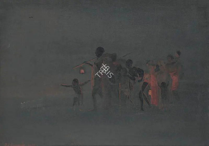 Gangooly, J.P. (Artist). Refugees Seeking Shelter. Oil on canvas, 1952 | Painting | FineArts | 00371643