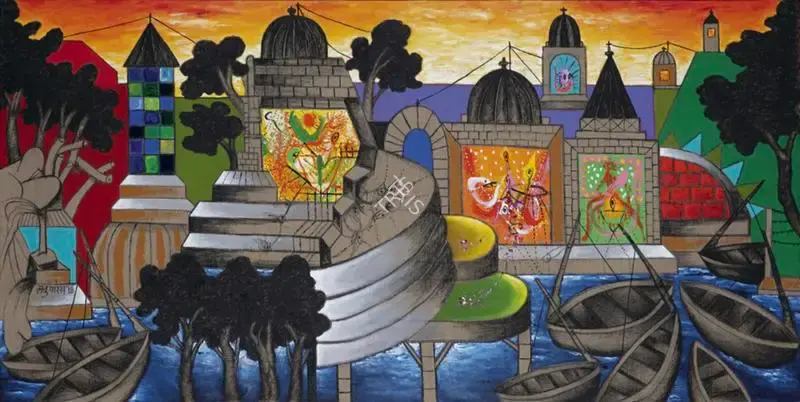 Parekh, Manu (Artist). Architectural Mosaic Of Temples, 2018 | Painting