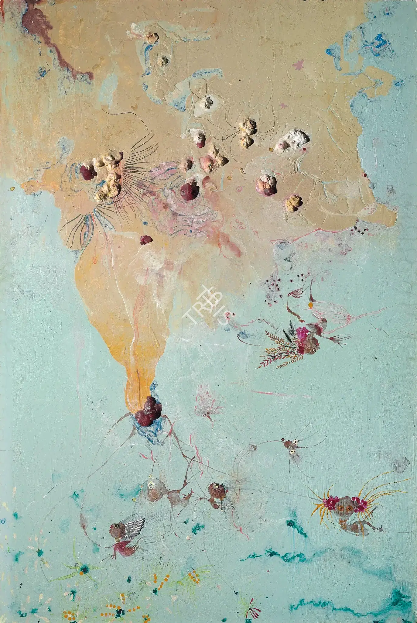 Banerjee, Rina (Artist). In What Seemed At First A Monster's Colonial Dream, Leprechauns Of Amber Body And Agile Mind Blew West Wondering What It Would Be Like To Leave Land, Ocean, Bird, Bear, Feline And The Bounty Of Horned Beasts, To Leave Our Nature For Culture. Mixed media on panel, 2008 | Painting | FineArts | 00645190