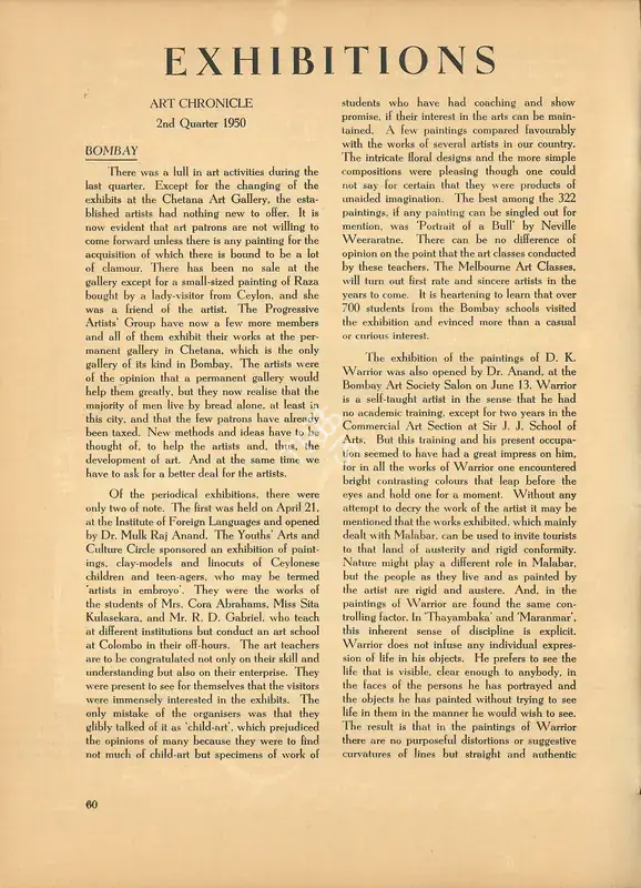V., S.V. (Essayist). Exhibitions - Art Chronicle. In Marg. 4(3), pp. 60-61. Bombay: Modern Artists and Architects Research Group, October 1950 | Essay | FineArts | 00668791, 1950