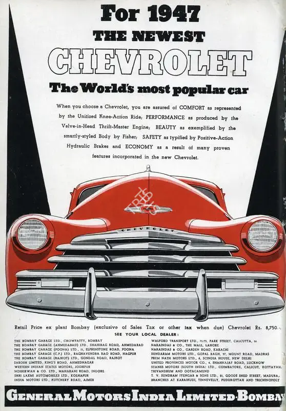 General Motors India Limited (Advertiser). For 1947 The Newest Chevrolet - The World Most Popular Car, 1947 | Advertisement