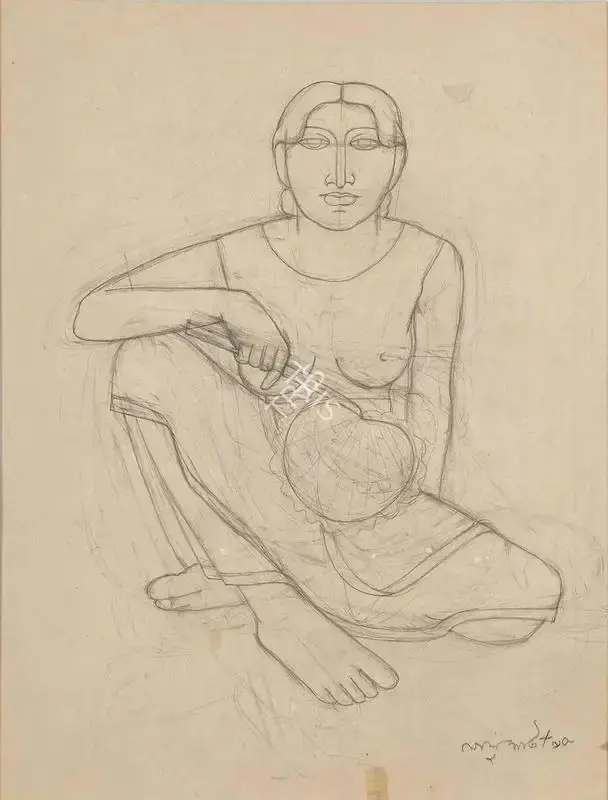 Shaw, Lalu Prasad (Artist). Woman with pankha, 1995 | Drawing