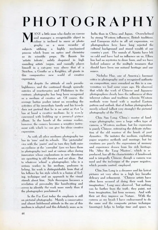 Tata, Sam (Essayist). Photography in India and the Far East. In Marg. 3(1), pp. 46-55. Bombay: Modern Artists and Architects Research Group, January 1949 | Essay | Photography | 00668768