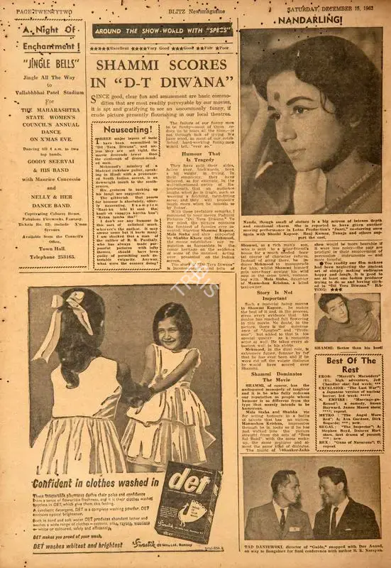 Shammi Scores in "D-T Diwana". In Blitz - Hindi Sanskaran. p. 22. Bombay: Homi D. Mistry, 15 December 1962 | Film Review | CinemaEducation | 00142723