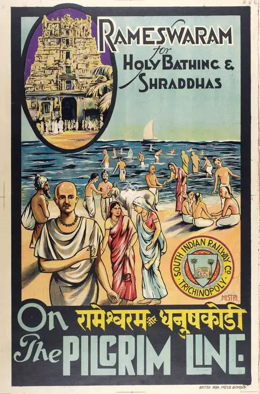 Mistri, After M. (Artist). Rameswaram and Dhanushkodi on the Pilgrim Line-(for holy Bathing and Shraddhas). Lithographic print on paper | Travel Publicity Related Art & Poster | PopCulture | 00092915