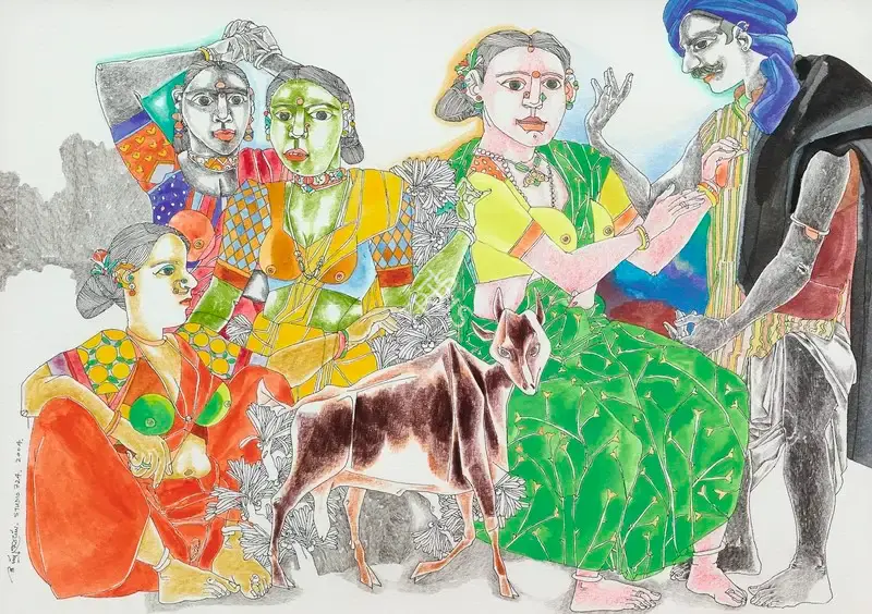 Goud, K. Laxma (Artist). Untitled (Figures with Goat), 2004 | Painting