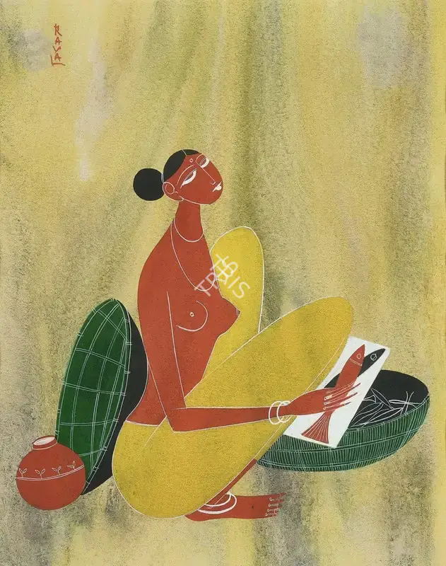 Raval, Rasik D. (Artist). Fisherwoman. Mixed media on paper, n.d. | Painting | EconomicsArt | 00869500