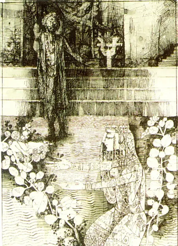 Ray, Shyamal Dutta (Artist). The Queen and the Priest in the Temple, n.d. | Drawing