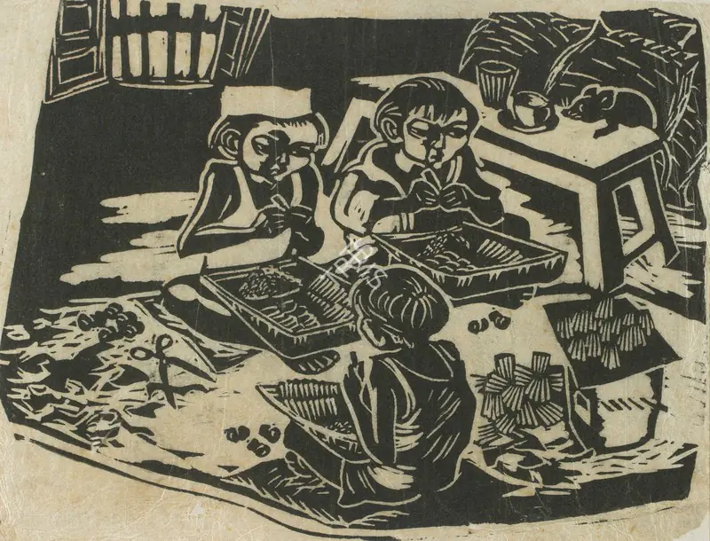 Chittaprosad (Artist). Child Labour- The Bidi Workers. Linocut on tracing paper pasted on mountboard, c. 1952 | Chittaprosad, 2011 | Graphic Art | FineArts | 00710181