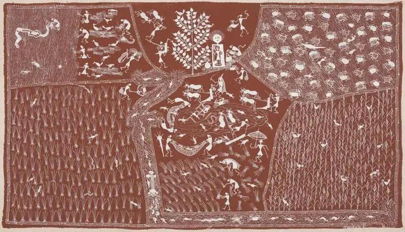 Mashe, Jivya Soma (Artist). Untitled (Harvesting the Paddies) (Warli Painting). Geru and acrylic on raw canvas, n.d. | Painting | FineArts | 00417623