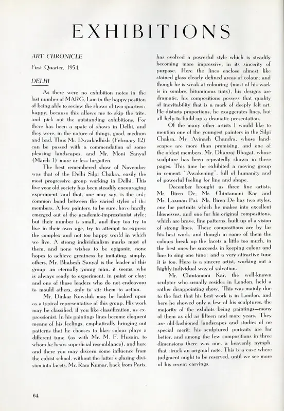F, C.L. (Essayist). Exhibitions - Delhi. In Marg. 7(2), pp. 64-66. Bombay: Marg, March 1954 | Essay | FineArts | 00668824, 1954