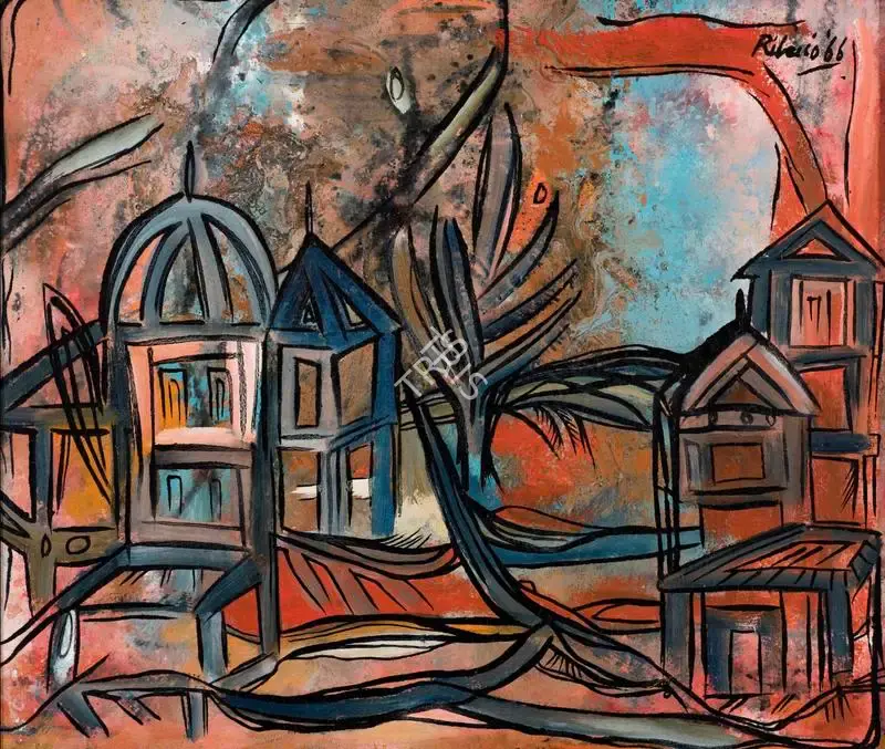 Ribeiro, Lance (Artist). Untitled (Red Landscape with Dome), 1966 | Painting