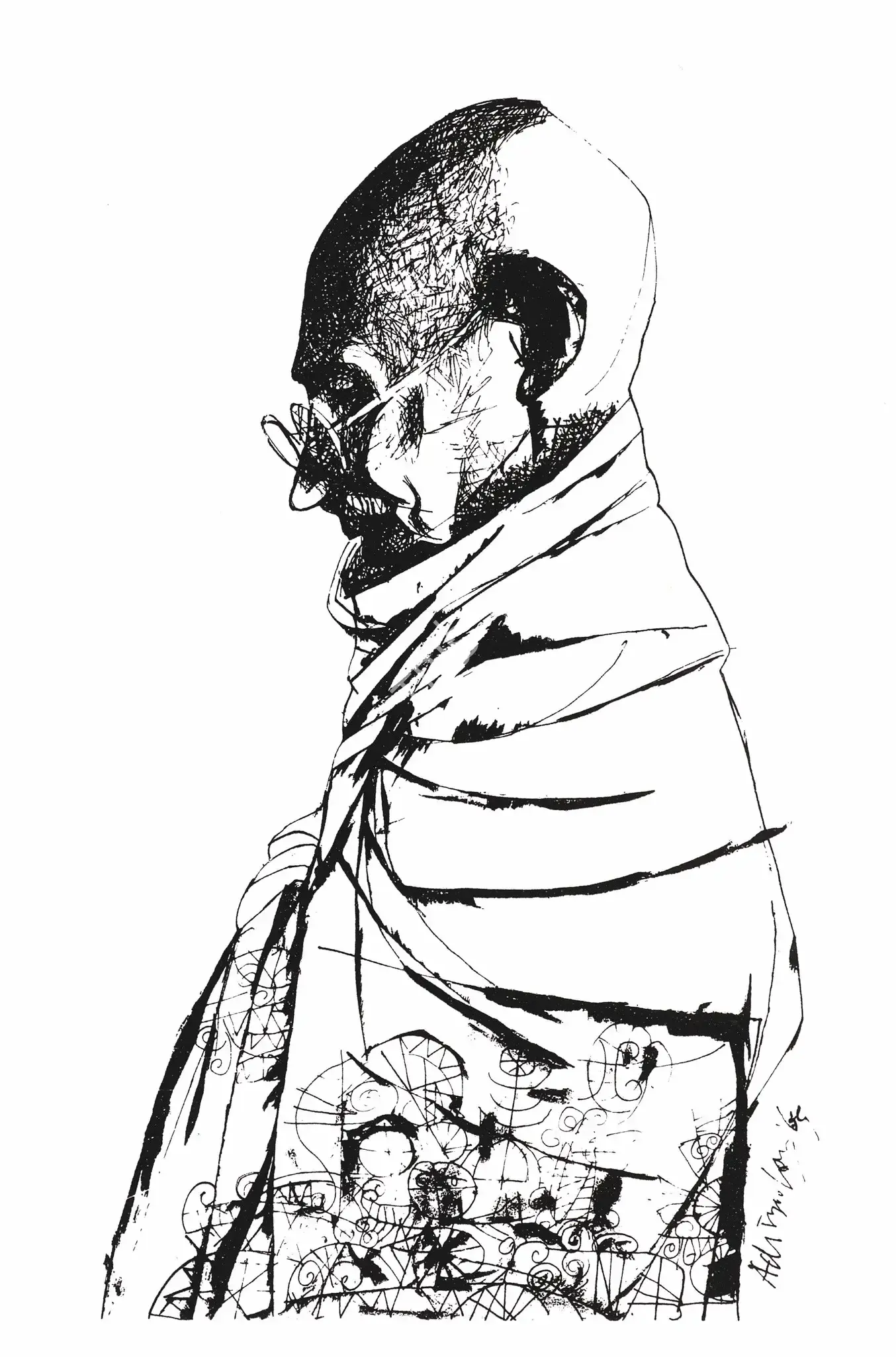 Adimoolam, K.M. (Artist). Gandhiji. Watercolour with pen and ink on paper, 1969 | Painting | FineArts | 00900394