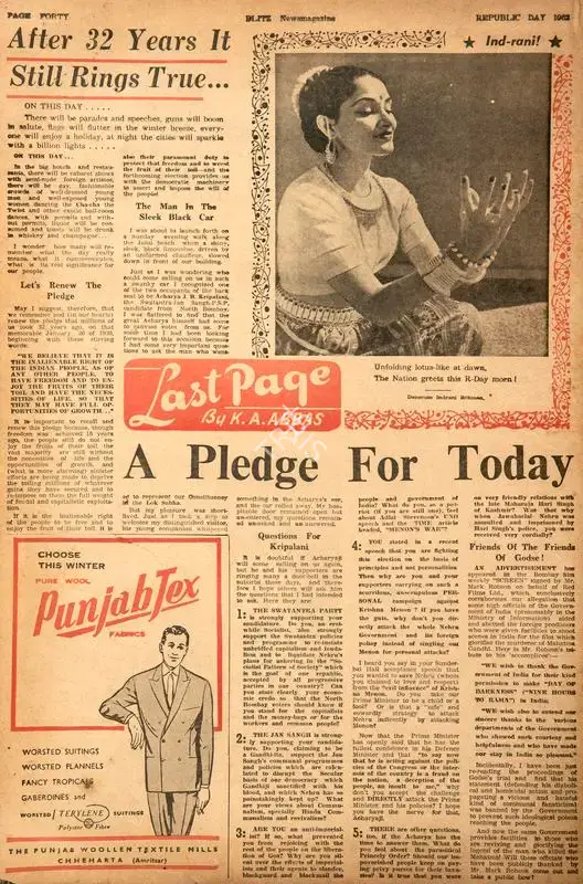 Abbas, Khwaja Ahmad (Columnist). After 32 Years It Still Rings True…A Pledge for Today. In Blitz - India's Greatest Weekly. p. 40. Bombay: R.K. Karanjia, 27 January 1962 | Essay | CinemaEducation | 00464682