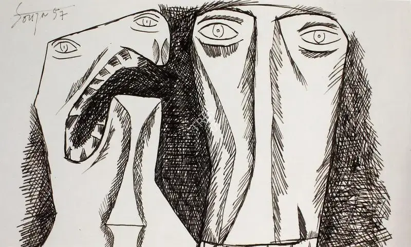 Souza, F.N. (Artist). Tortured Heads, 1957 | Drawing