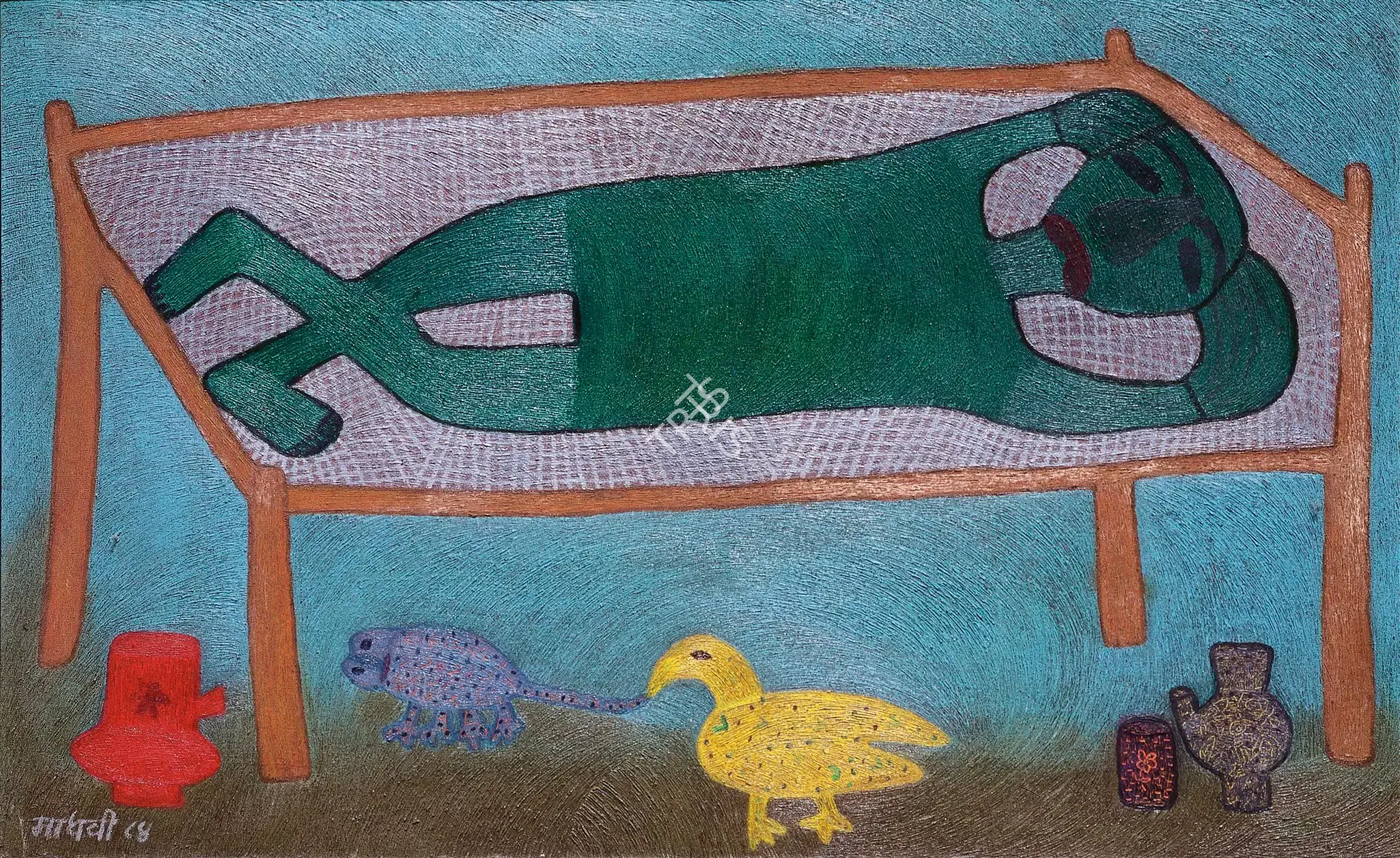 Parekh, Madhavi (Artist). Man Sleeping on Charpayi. Oil on canvas, 1984 | Painting | FineArts | 00375816