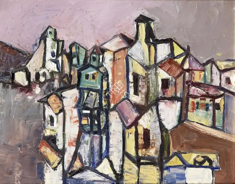 Bakre, S.K. (Artist). Untitled (Cubist Landscape). Oil on canvas, 1962 | Painting | FineArts | 00641906