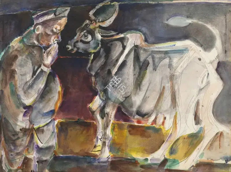 Sen, Paritosh (Artist). Politician Worshipping a Cow, n.d. | Painting