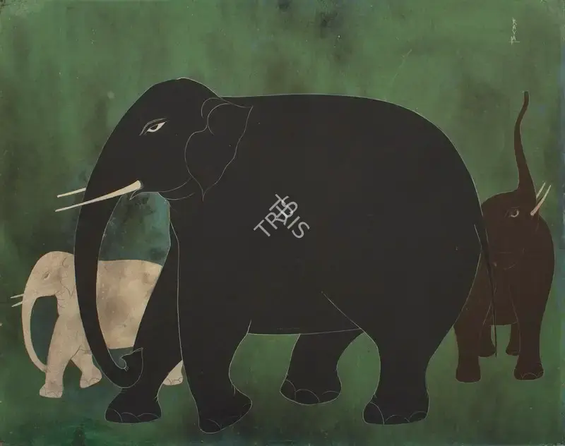Raval, Rasik D. (Artist). Elephants. Oil on cardboard, 1973 | Painting | FineArts | 00646857