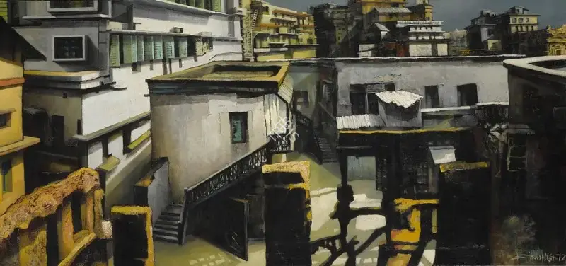 Bhattacharjee, Bikash (Artist). Untitled (Rooftops). Oil on canvas, 1964-1972 | Painting | FineArts | 00333987
