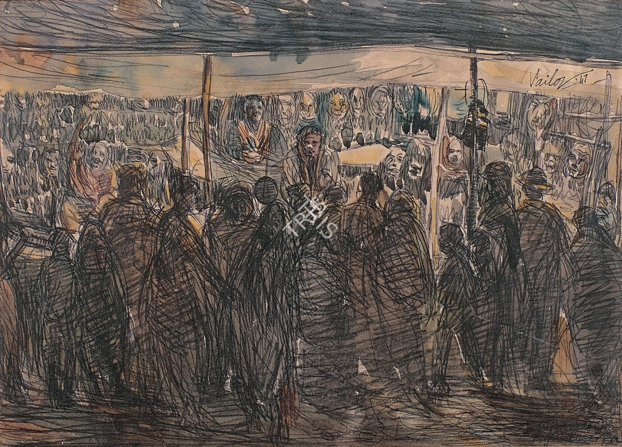 Mookherjea, Sailoz (Artist). Bazaar Scene. Watercolour, pen and ink on paper, 1947 | Painting | FineArts | 00375762