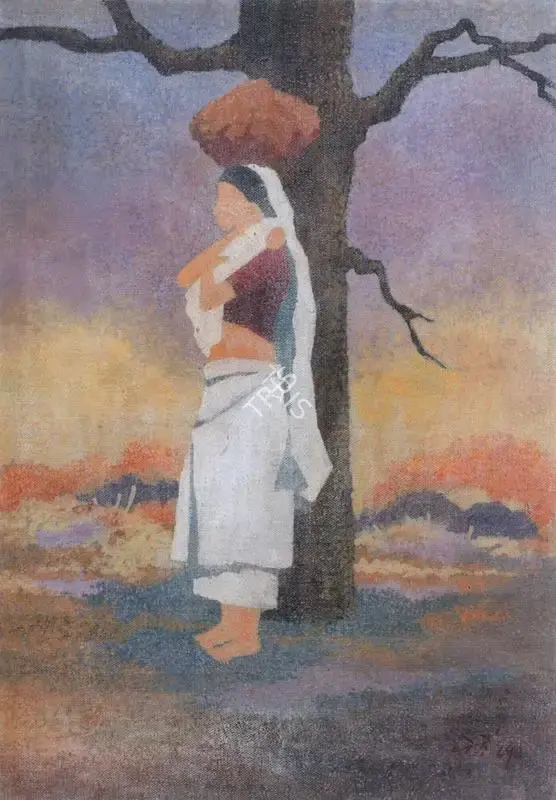 Bendre, N.S. (Artist). Mother and Child standing by Tree, n.d. | Painting