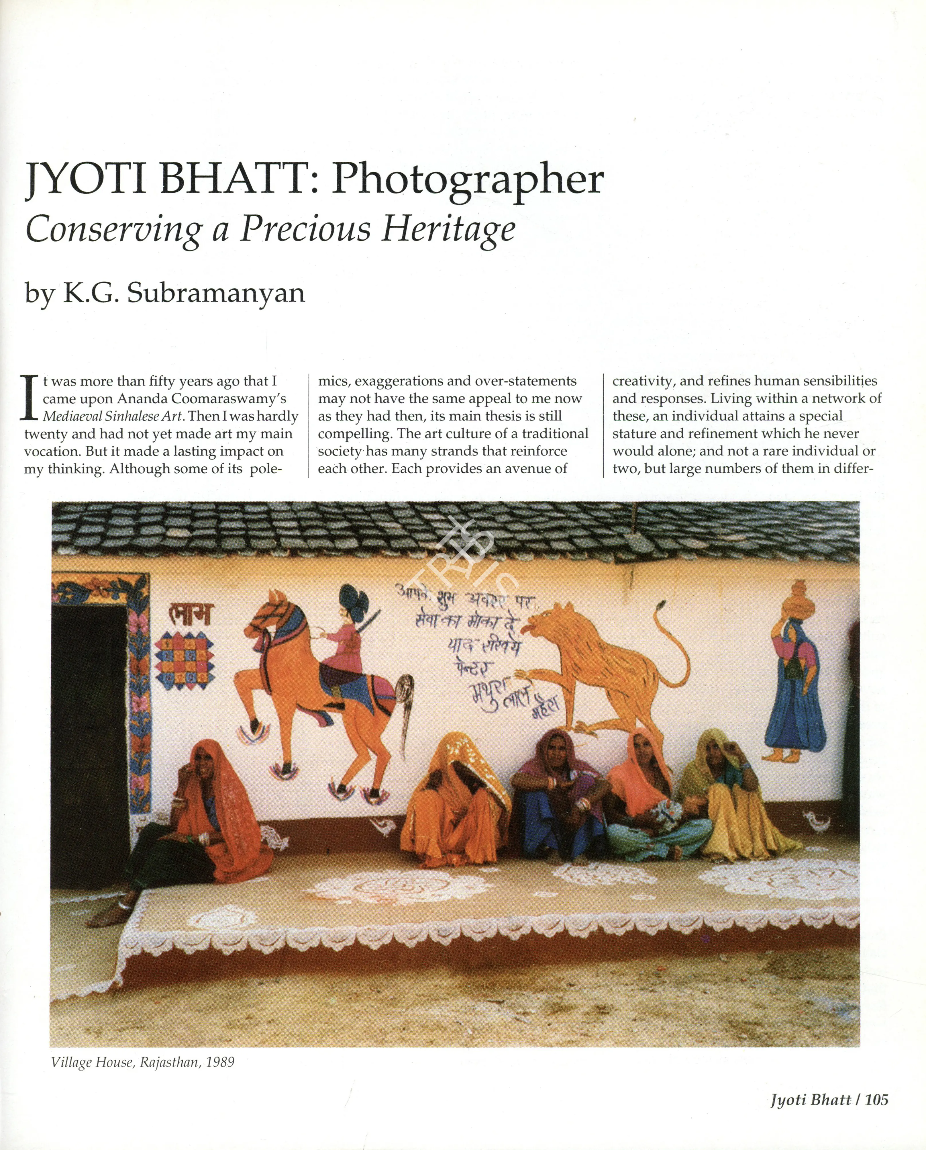 Subramanyan, K.G. (Essayist). Jyoti Bhatt - Photographer- Conserving a Precious Heritage. In Art Heritage - Season 1994-95. Season 18, pp. 105-116. New Delhi: Art Heritage, 1995 | Essay | FineArts | 00851783