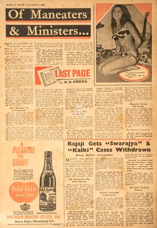 Abbas, Khwaja Ahmad (Columnist). Of Maneaters & Ministers…. In Blitz - India's Greatest Weekly. p. 20. Bombay: R.K. Karanjia, 08 January 1966 | Essay | CinemaEducation | 00464896