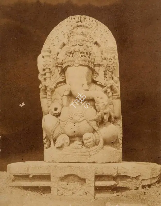 Pigou, William Henry (Photographer). Ganesha, The God of Wisdom - From the album "Architecture in Dharwar and Mysore Published by John Murray. London 1866. Photographs by Dr. William Henry Pigou, Dr. Andrew c.Neill and Col. Thomas Biggs with an historical and descriptive memoir by Colonel Meadows Taylor and  architectural notes by James Fergusson". Albumen print pasted on mount, c.1855 | Antiquarian Photograph | Photography | 00115067
