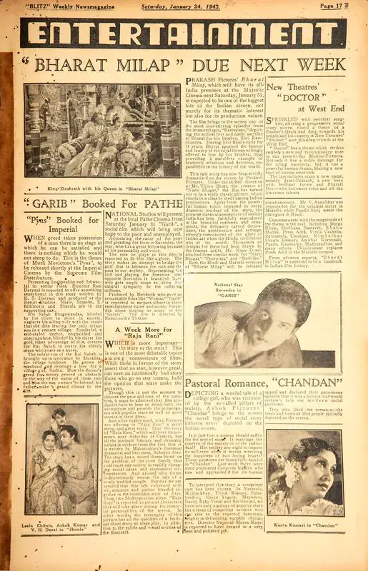 Pastoral Romance, "Chandan". In Blitz - Weekly News Magazine. p. 17. Bombay: R.K. Karanjia, 24 January 1942 | Film Review | CinemaEducation | 00142407