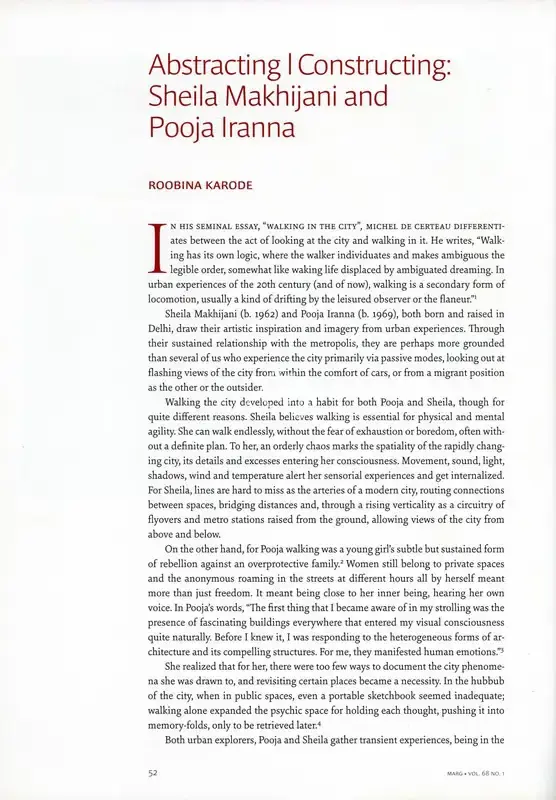Karode, Roobina (Essayist). Abstracting Constructing - Sheila Makhijani and Pooja Iranna. In Marg - In Focus- Abstraction. 68(1), pp. 52-63. Mumbai: Radhika Sabavala, September - December 2016 | Essay | FineArts | 00669091