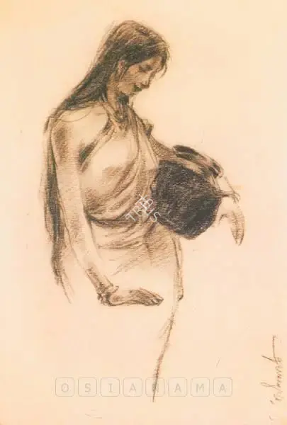 Pyne, Ganesh (Artist). Woman With A Itcher. Charcoal on paper, 1950 | Drawing | FineArts | 00597685