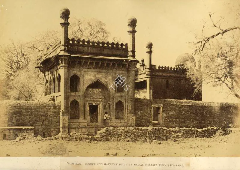 Biggs, Colonel Thomas (Photographer). Mosque and Gateway Built by Nawab Mustafa Khan Ardistany - From the album "Architecture at Beejapoore. An Ancient Mohammedan Capital in the Bombay Presidency Published by John Murray. London 1866. Photographs by Dr. William Henry Pigou, Dr. Andrew c.Neill and Col. Thomas Biggs with an historical and descriptive memoir by Colonel Meadows Taylor and  architectural notes by James Fergusson". Albumen print pasted on mount, c.1855 | Antiquarian Photograph | Photography | 00115070