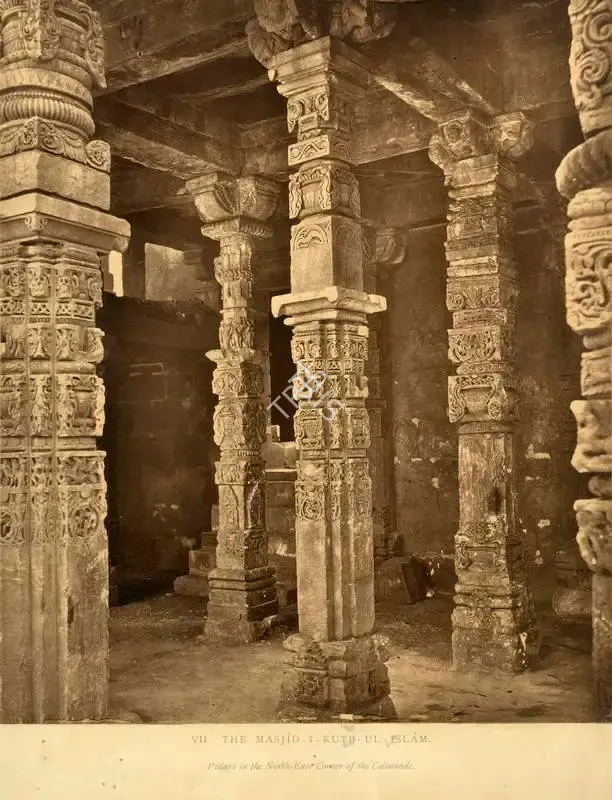 Shepherd, Charles (Photographer). The Masjid-I-Kutb-Ul-Islam. Pillars in the North-East Corner of the Colonnade. Calotype print pasted on mount, n.d. | Antiquarian Photograph | Photography | 00115823