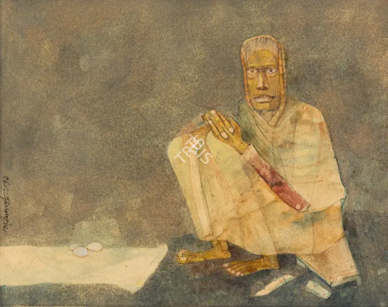 Pyne, Ganesh (Artist). The Egg-Seller. Watercolor and ink on paper laid on card, 1979 | Painting | EconomicsArt | 00872576