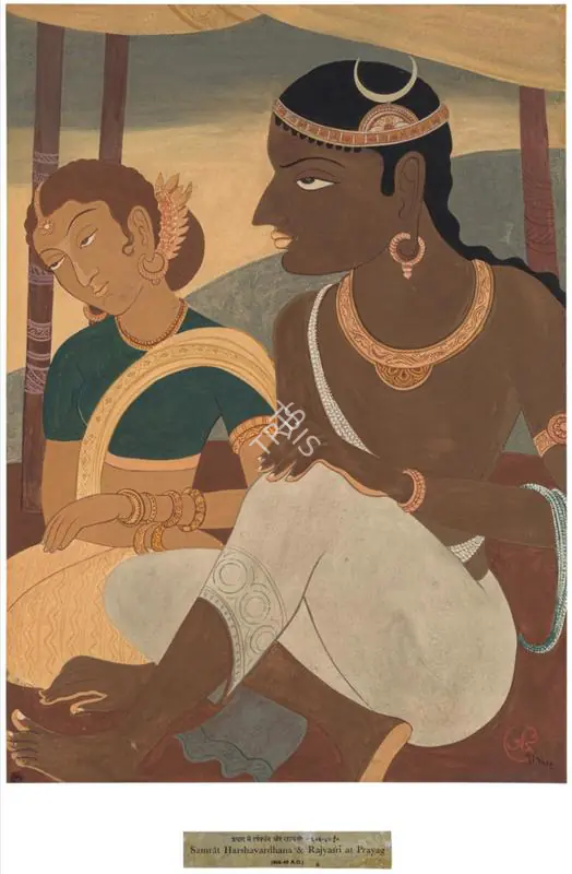 Haldar, A.K. (Artist). Kavi- Samrat Emperor Harshavardhana and His Sister Rajyasri in Prayag, 1952 | Painting