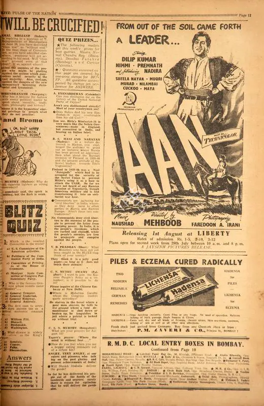 Aan . In Blitz - Asia's Foremost News Magazine. p. 11. Bombay: R.K. Karanjia, 26 July 1952 | Film Review | CinemaEducation | 00144153