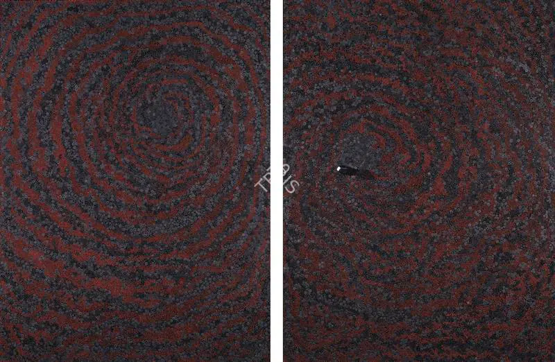 Kher, Bharti (Artist). An Eye, a tooth. Wooden panel, bindis, metal stake, frame without plexiglass, 2011 | Painting | FineArts | 00337577