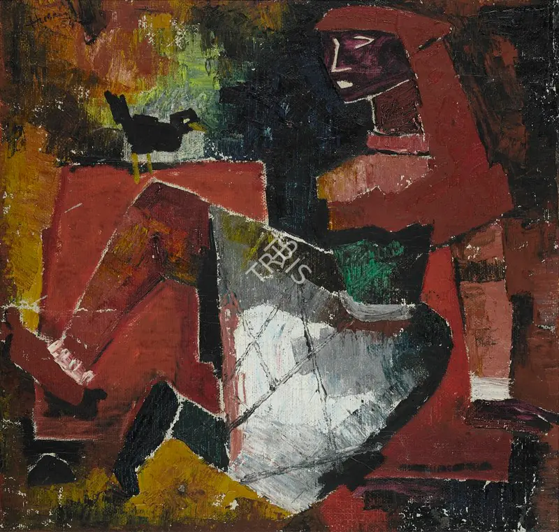 Husain, M.F. (Artist). Untitled (Girl with Bird). Oil on canvas laid on board, 1954 | Painting | FineArts | 00642354